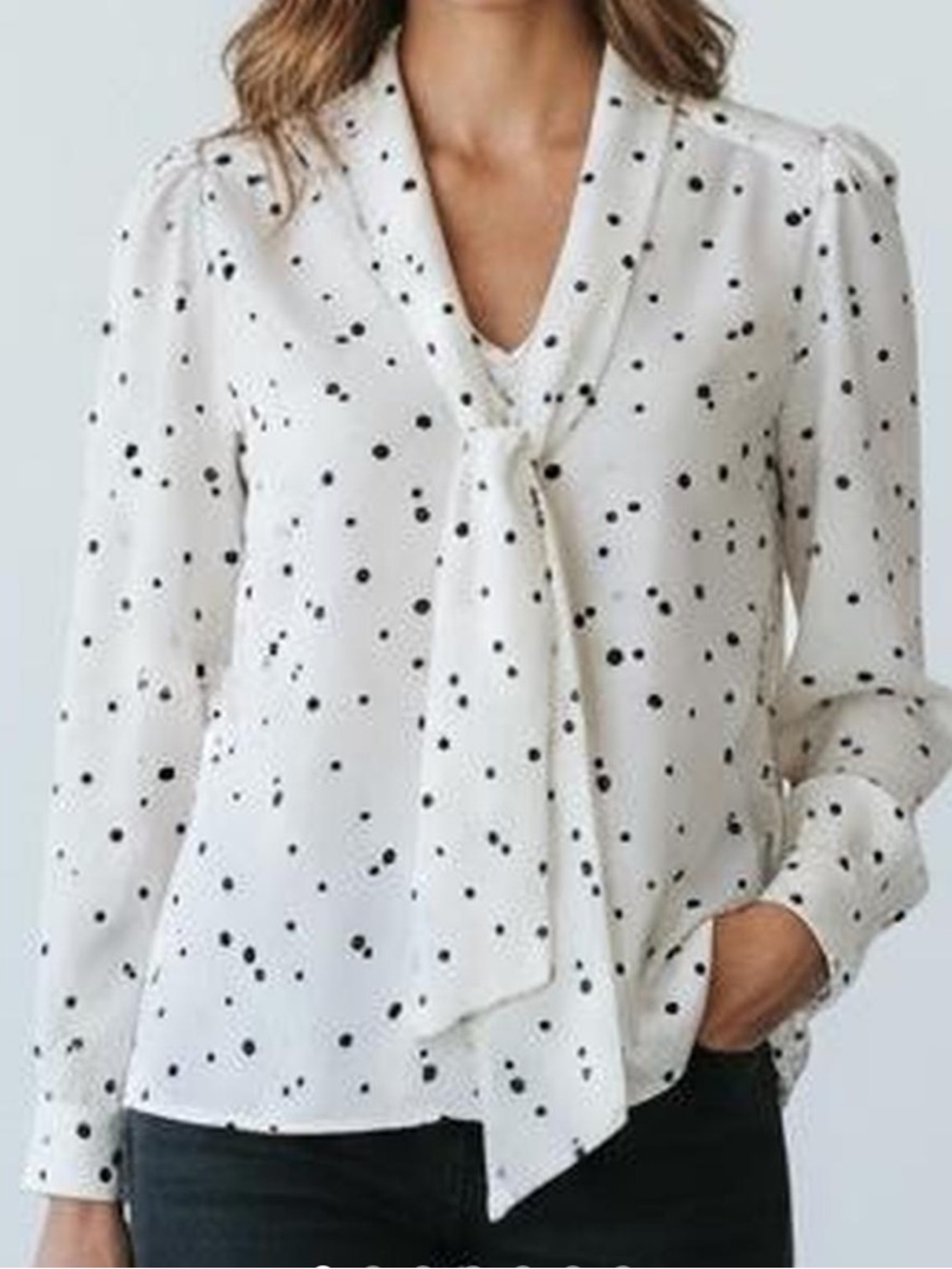 LOFT Cream and Black Polka Dot Tie-Neck Blouse